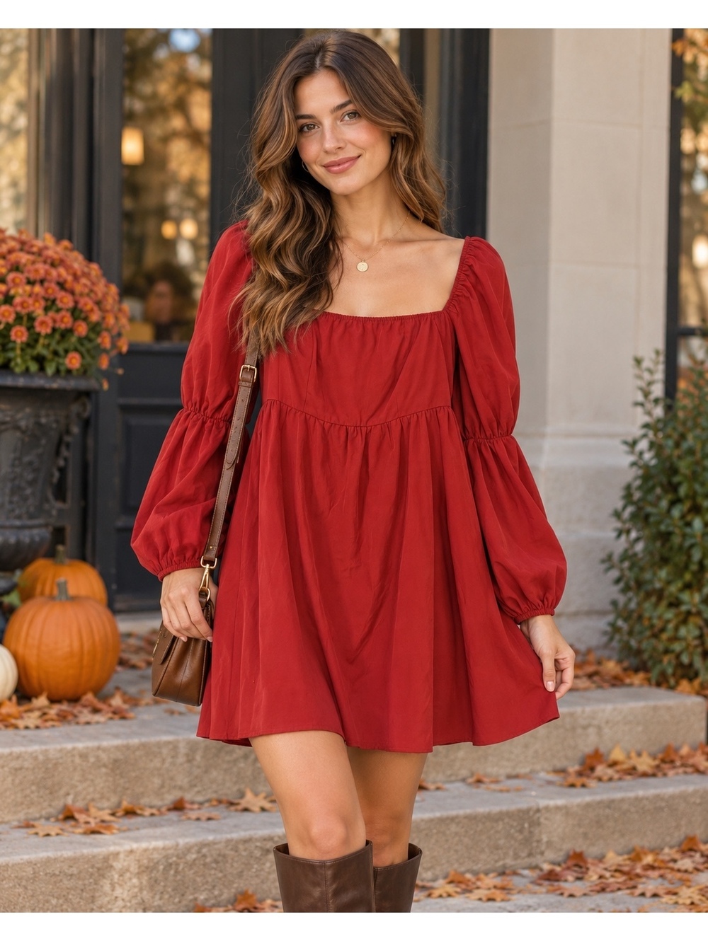 Xlura New Collection Red Long Sleeve Square Neck Mini Dress Size M